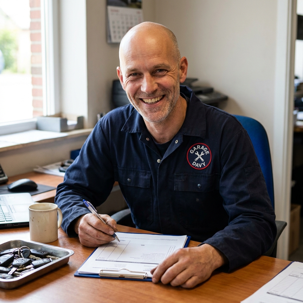 Davy met schade-dossier en laptop aan het bureau
